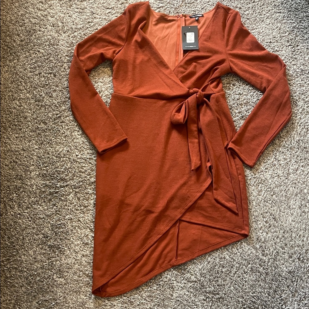 Fashion Nova Asymmetrical Wrap Dress in Rust